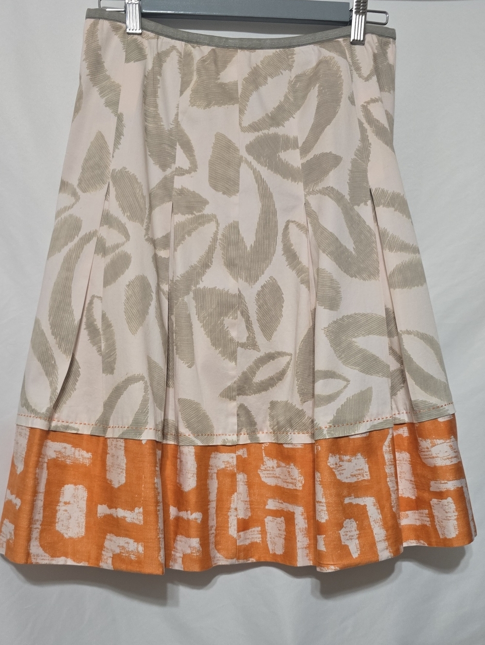 NIC+ZOE Orange Cream Pleated A-Line Midi Skirt Print Border Trim Size 6